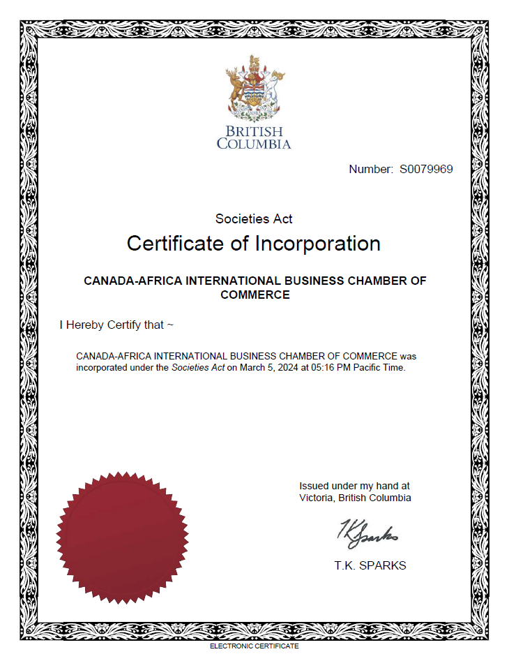 Canada Africa International Business Chamber Of Commerce Certificate of Incorporation